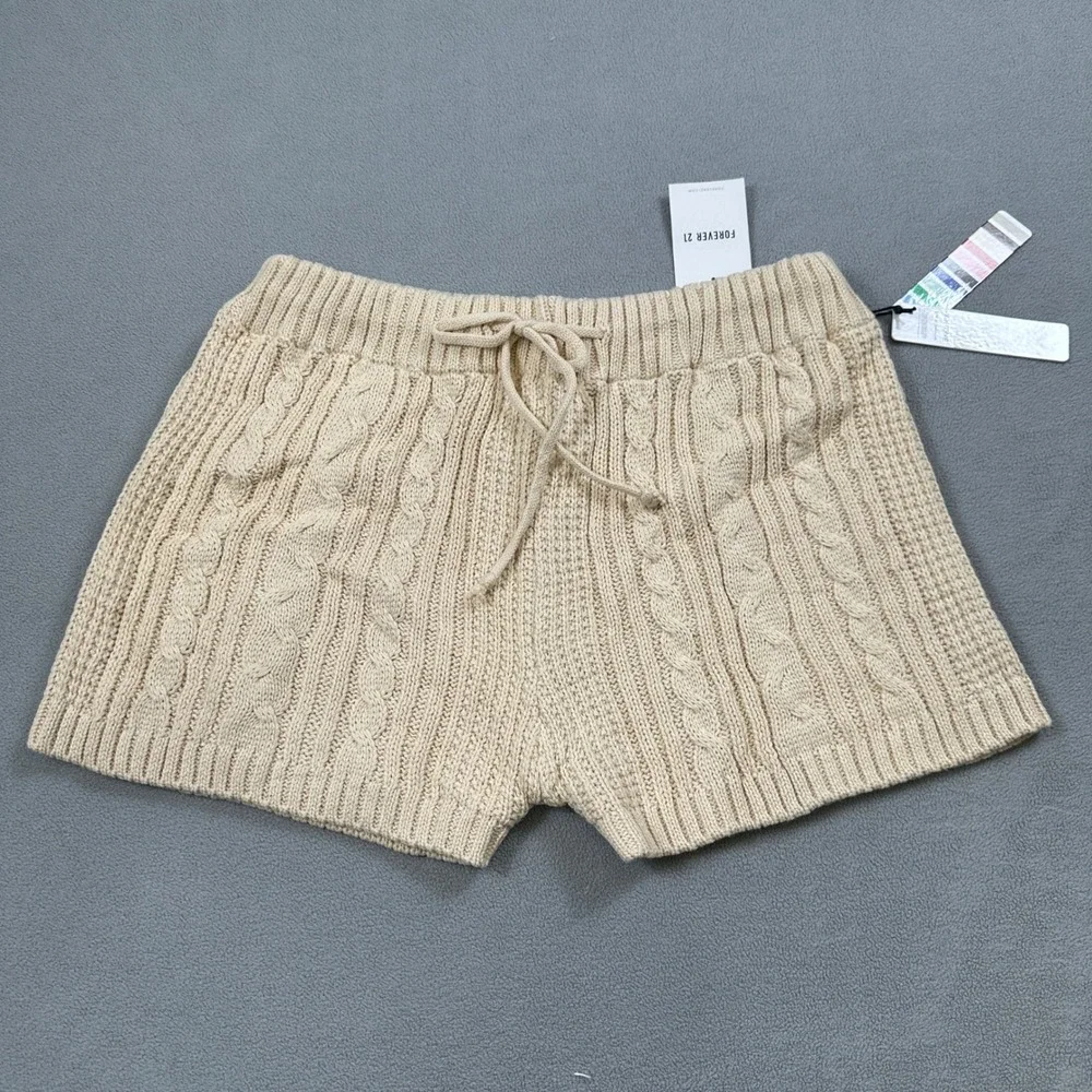 Forever 21 Pantone M Womens Cable Knit Shorts Sand Beige Drawstring Waist Casual